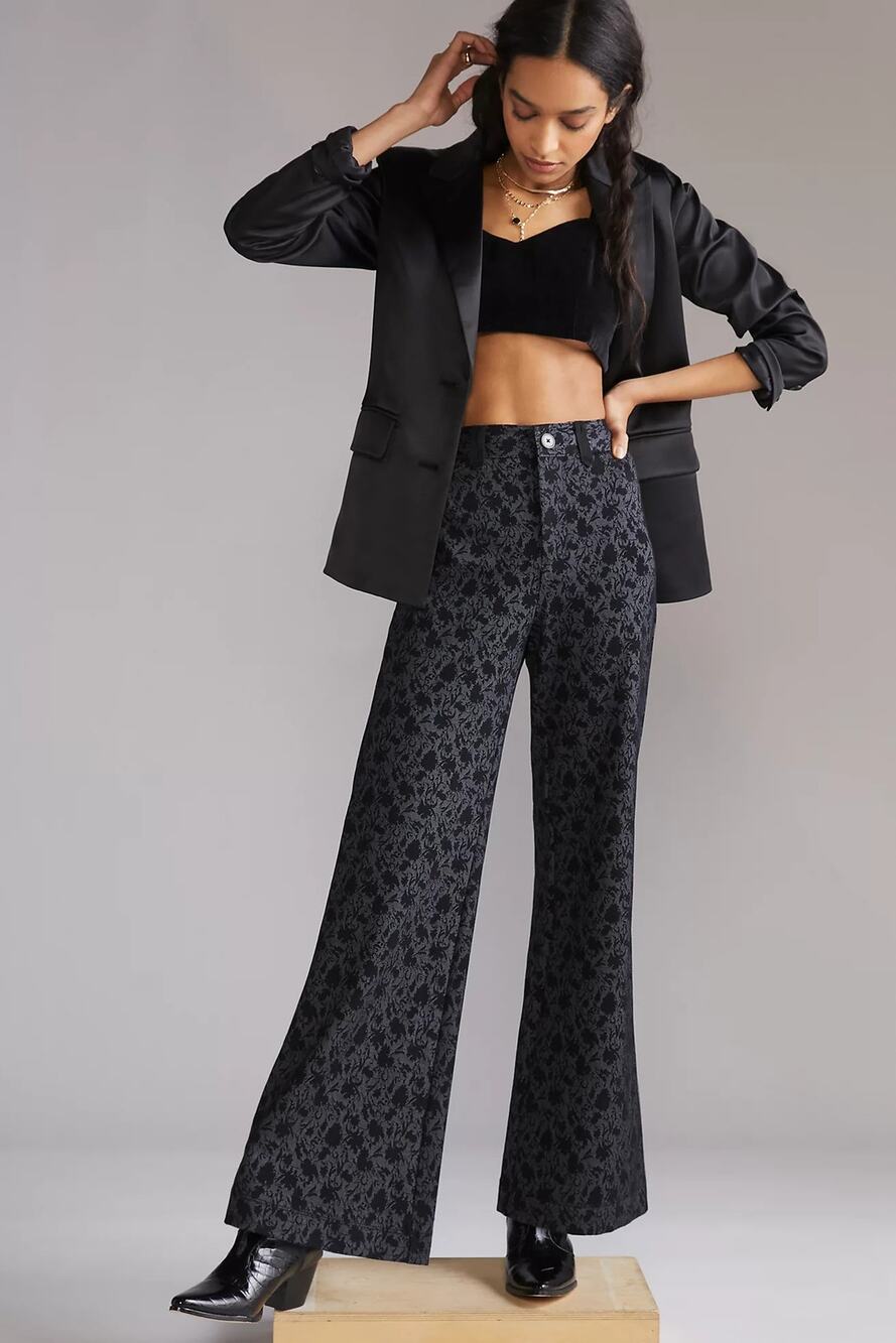 Anthropologie Maeve Jacquard Flare Pant SIZE 2 Floral Black Gray High Rise Drape